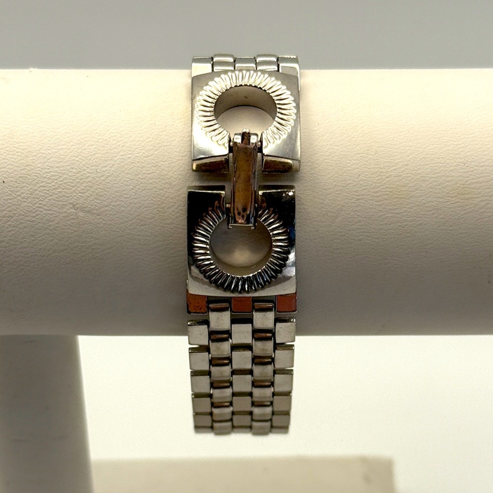 Vintage BRACELET LINKS Chain WIDE with O Silvertone METAL Fold Over Clasp 7 3/8"